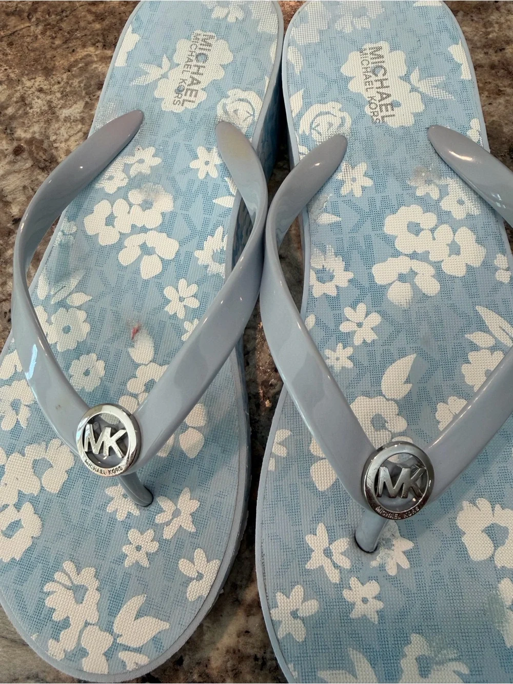 Michael Kors Light Blue Floral Platform Flip Flops